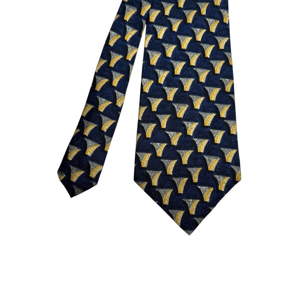 Countess Mara Silk Tie Navy/Gold/Gray Geometric Print Made In USA - Picture 2 of 6